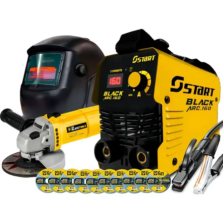 Máquina De Solda Inversora 160a Mma E Tig Black Arc Start + Esmerilhadeira Lixadeira Angular 780W E Máscara de Solda