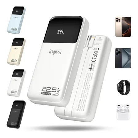 Power Bank 20000mah Portátil Rápida 22.5w Com Cabo Embutido