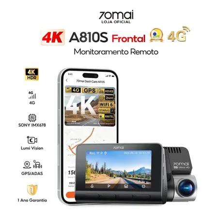 Câmera Veicular 70mai A810s 4K Frontal Câmera de Carro com Visão Noturna Sony STARVIS 2 HDR, Suporte 4G LTE, ADAS, GPS e Wi-Fi 6, Modo de Estacionamento 24 H Bluetooth