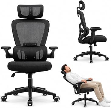Cadeira de Escritório Presidente Ergonômica Preta Encosto Mesh Reclinável 135 Graus Cadeira Giratória com Apoio de Cabeça Braços Ajustáveis Suporte Lombar Alta Densidade Confortável