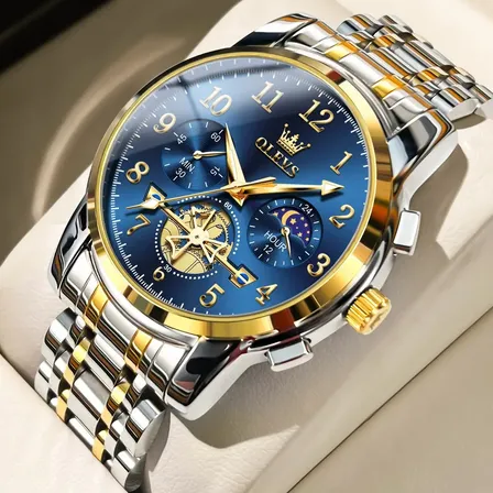 Olevs Relógio Masculino Aços Inoxidáveis Original  2900 Prateado Dourado Azul