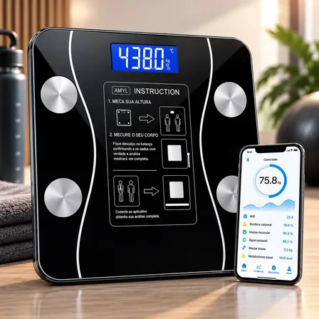 Balança Digital Bioimpedância Profissional Smart IMC Bluetooth Corporal De Banheiro Academia App Para Android E Para Ios Kateluo Cor Preto