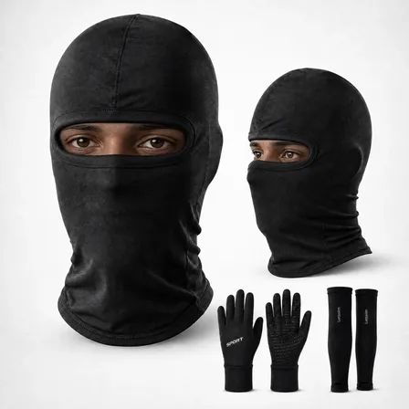3kit Touca Balaclava Unissex Proteção Uv50+,luvas E Manguito Preto Liso Unico