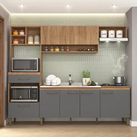 Armário de Cozinha Completa Modulada com Armário e Balcão 5 Peças 240cm CC120 Cor Mel/Grafite - Fellicci Móveis