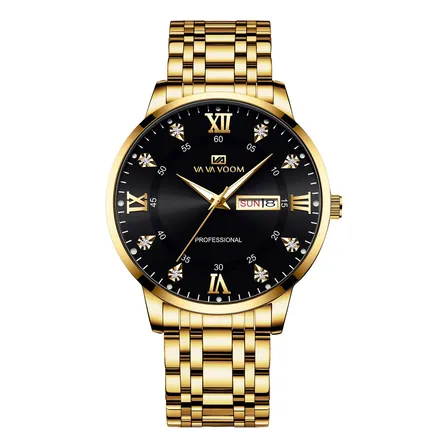 Relógio Masculino Vavavoom Aço Inox Calendário Duplo 3atm Dourado Preto