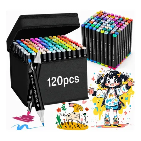 Kit 120 Conjunto Marcador Cores Ponta Dupla Canetas Touch Permanente Estojo Escolar Canetinha Colorir Desenho Multicolorido