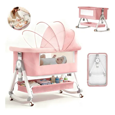 Berço Bebê Portatil Sleepguard Ajustável Mosquiteiro Rosa-claro