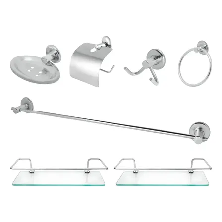 Kit Acessórios Banheiro Inox Lavabo Conjunto +2porta Shampoo Prateado