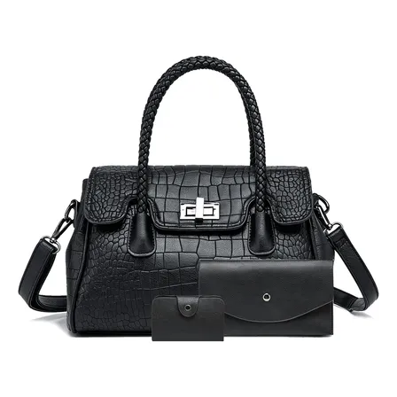 Kit 3 Bolsa  Feminina Preta Transversais Sacola Carteira Preto