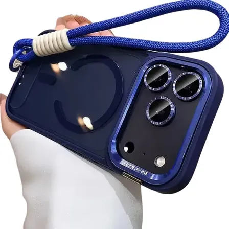 Capa Case Para iPhone 17 Pro Max Magsafe Com Suporte + Cordo Azul iPhone 17 Pro Max