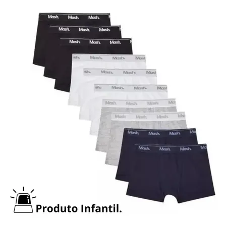 Kit Com 10 Cuecas Infantis Para Meninos Boxer Algodão Mash 3 Brancas 3 Pretas 2 Marinho 2 Mesclas Liso P
