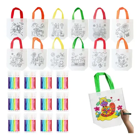 Kit 12 Sacolinhas + 72 Canetinhas Lembrancinha Aniversário Branco Com Alças Coloridas (cores Variadas) Desenhos Para Colorir / Ilustrações Infantis