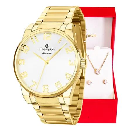 Relógio Feminino Dourado Champion Analógico Original 40 Milímetros Prova D´agua 50m com Kit Colar e Brincos Presente Perfeito CN27652W Casual