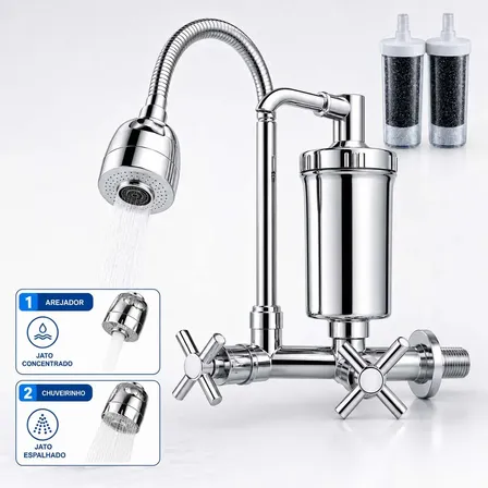 Torneira Com Filtro Cozinha Para Parede Gourmet Flexível Móvel Em Abs Cromado Filtro Carbon Block Purificador De Agua Com Refil Instalado - 2 Modos de Jatos