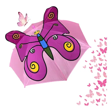 Guarda Chuva Sombrinha Infantil Automática com Orelhinhas Bichinho Formato do Borboleta Fofo Cor Rosa Bebê