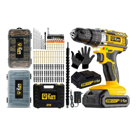 Parafusadeira Furadeira De Impacto 21v Bateria 2ah C/ Maleta The Black Tools + Kit Estojo Parafusos E Buchas + Luvas