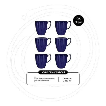 Caneca Oxford de Porcelana Flora Amor Perfeito, 360 mL, Azul Escuro - Pack com 6