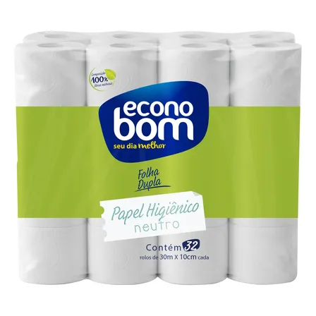 Papel Higiênico Econobom Folha Dupla 30m Neutro Com 32 Rolos