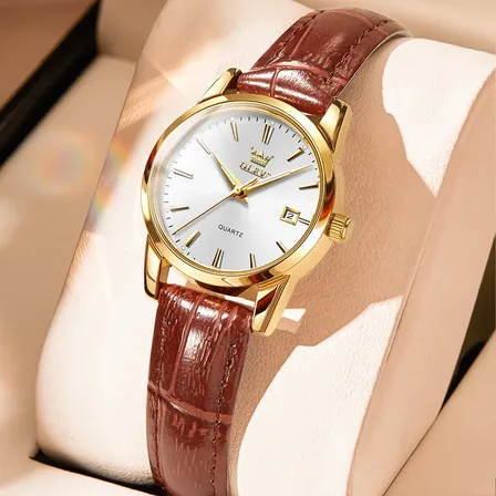 Olevs Relógio Feminino Original Couro Marrom Quartzo 6898 Marrom Dourado Branco