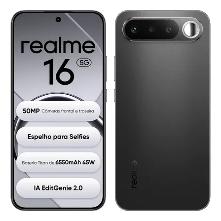 Smartphone Celular Realme 16 5g 256gb 12gb Ram Dual Sim Câmera De 50mp Lumacolor Image Espelho Para Selfies Bateria 6550mah, Resistência À Água Ip69 Pro, 4200nit Amoled Preto