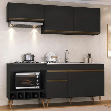 Armário Cozinha Modulada Compacta c/ Gabinete p/ Pia e Balcão p/ Cooktop Veneza Multimóveis MP3775 Preto/Dourado