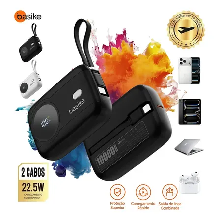 Basike Power Bank 10000mAh Com Carga rápida Turbo 42.5w Cabo e Digital para Celular Universal Para Celulares iPhone 17/16/15/14/13/12 Samsung Galaxy S24/S23/S22/S21/A55/A54 Motorola Mo