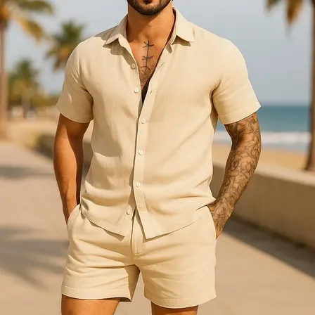 Conjunto Casual Linho Masculino Camisa Botão  Bermuda Cordão