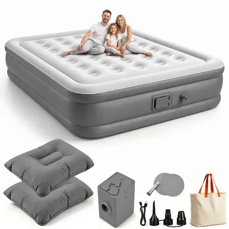 aweshine Colchão Inflável Elétrico Queen 200x152x40cm Colchão de Ar Cinza Impermeável Confortável Multiuso para Casa Camping Viagem, Acompanha Kit de Reparo, Bolsa de Armazenamento e 2 Travesseiros