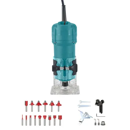 Tupia Manual Elétrica Profissional 800w Laminadora + Kit 15 Pçs 1/4 Jogo Fresas Corte Madeira 6mm 30000rpm Dois Modos De Uso Profundidade Ajustável De 3cm 220v Azul