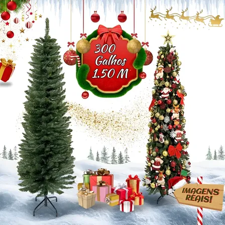 Árvore De Natal Slim 1.50m 300 Galhos Pinheiro Luxo Premium Verde