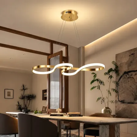 Lustre Pendente LED Moderno Dourado Ondulado, Luminaria LED Decorativa para Sala e Quarto, Design Sofisticado, Iluminação Elegante, Lustre Sala, Luminarias Modernas, Tieesa D001 Dourado