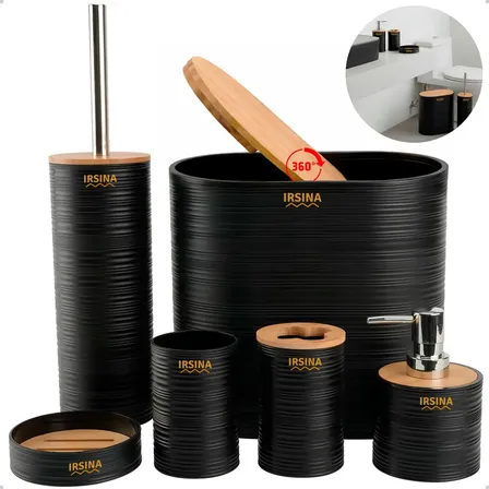 Kit Banheiro Completo Acessórios De Bambu Moderno Lixeira Com Tampa Escova Saboneteira Cor Preto Irsina