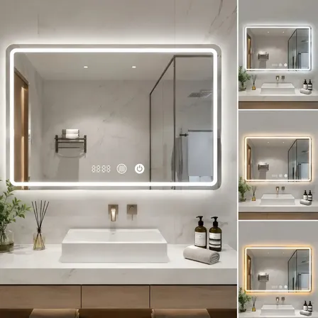 Espelho Retangular de Parede LED Touch 80x60cm, 3 Cores de Luz, Antiembaçante com Relógio, Espelho Grande Decorativo para Banheiro, Decoração Minimalista e Luminosa, Design Elegância,