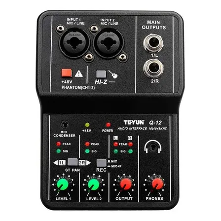 Interface de Áudio Teyun Q12 2 Canais USB 48kHz 16bit Preto