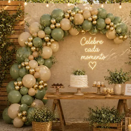 Kit 140 Balões Bexiga Festa Arco Decoração Aniversário Verde Eucalipto Areia E Dourado