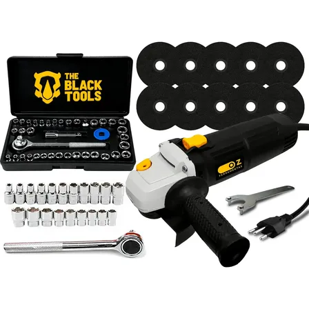 Kit Esmerilhadeira Angular Profissional 4.1/2 Pol. Com Jogo De Soquetes 40 Peças E Acessorios The Black Tools cor preto