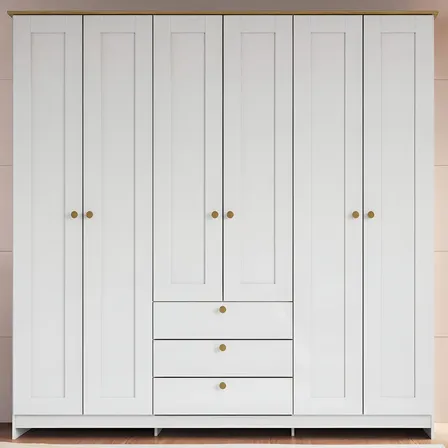 Guarda-roupa Casal 6 Portas 3 Gavetas Americano 182cm RP2630 Cor Branco/Ipê - Decibal Móveis