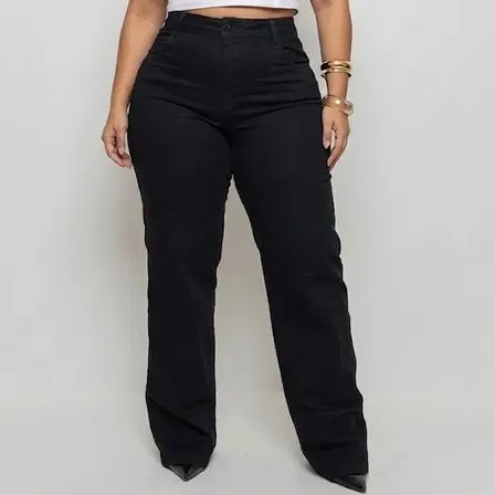 Calça Jeans Wide Leg Feminina Plus Size Destroyed